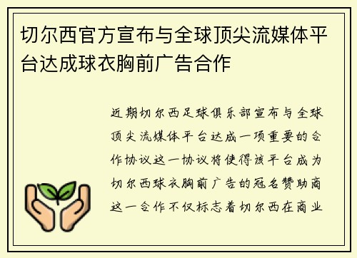 切尔西官方宣布与全球顶尖流媒体平台达成球衣胸前广告合作